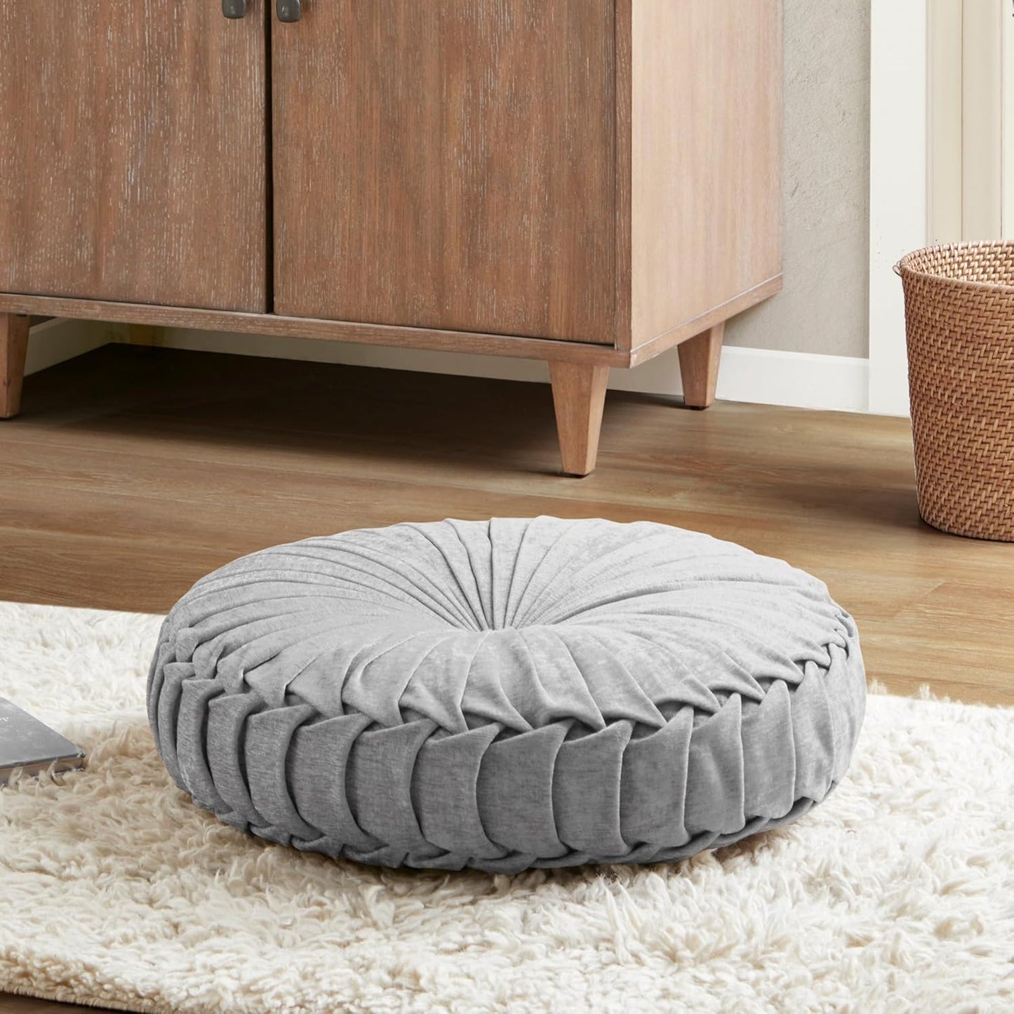 Intelligent Design Azza Floor Pillow, Large Cushions Sitting for Adults, Floor Pillow for Meditation or Yoga, Lustrous Chenille Tufted with Scalloped Edges for Bench/Chair Cushion, 24"x24"x5" Aqua
