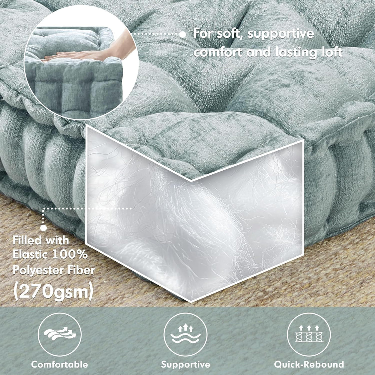Intelligent Design Azza Floor Pillow, Large Cushions Sitting for Adults, Floor Pillow for Meditation or Yoga, Lustrous Chenille Tufted with Scalloped Edges for Bench/Chair Cushion, 24"x24"x5" Aqua
