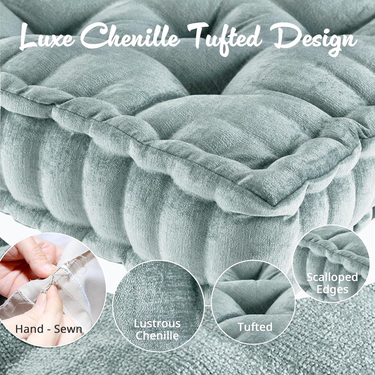 Intelligent Design Azza Floor Pillow, Large Cushions Sitting for Adults, Floor Pillow for Meditation or Yoga, Lustrous Chenille Tufted with Scalloped Edges for Bench/Chair Cushion, 24"x24"x5" Aqua