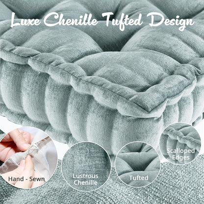 Intelligent Design Azza Floor Pillow, Large Cushions Sitting for Adults, Floor Pillow for Meditation or Yoga, Lustrous Chenille Tufted with Scalloped Edges for Bench/Chair Cushion, 24"x24"x5" Aqua