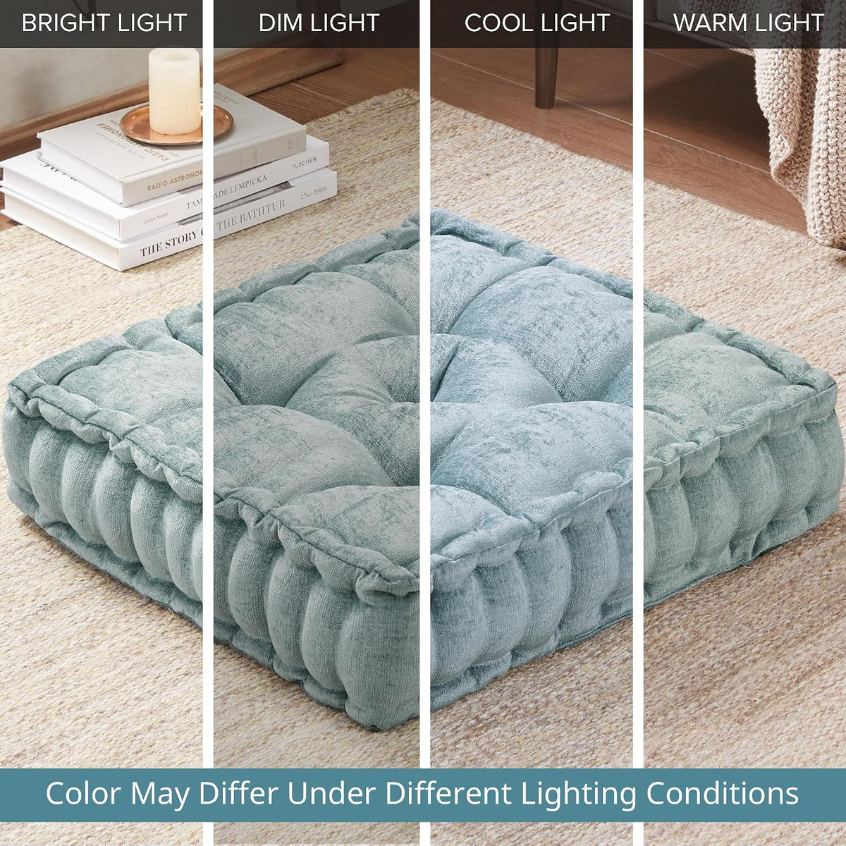 Intelligent Design Azza Floor Pillow, Large Cushions Sitting for Adults, Floor Pillow for Meditation or Yoga, Lustrous Chenille Tufted with Scalloped Edges for Bench/Chair Cushion, 24"x24"x5" Aqua