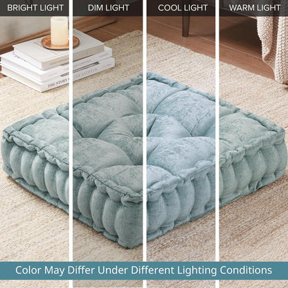 Intelligent Design Azza Floor Pillow, Large Cushions Sitting for Adults, Floor Pillow for Meditation or Yoga, Lustrous Chenille Tufted with Scalloped Edges for Bench/Chair Cushion, 24"x24"x5" Aqua
