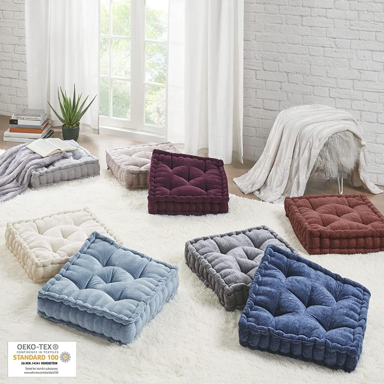 Intelligent Design Azza Floor Pillow, Large Cushions Sitting for Adults, Floor Pillow for Meditation or Yoga, Lustrous Chenille Tufted with Scalloped Edges for Bench/Chair Cushion, 24"x24"x5" Aqua