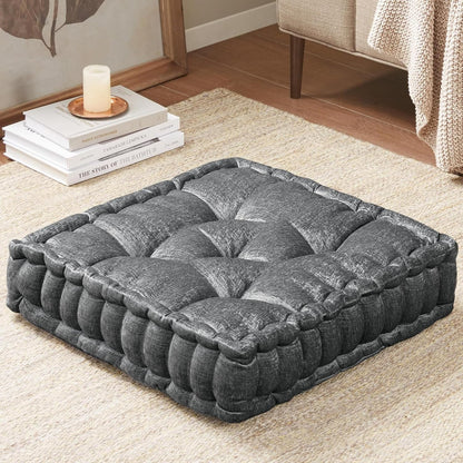 Intelligent Design Azza Floor Pillow, Large Cushions Sitting for Adults, Floor Pillow for Meditation or Yoga, Lustrous Chenille Tufted with Scalloped Edges for Bench/Chair Cushion, 24"x24"x5" Aqua