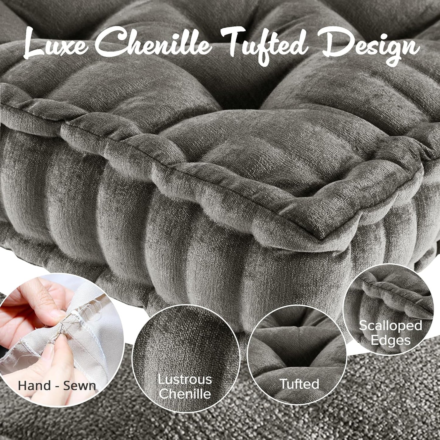 Intelligent Design Azza Floor Pillow, Large Cushions Sitting for Adults, Floor Pillow for Meditation or Yoga, Lustrous Chenille Tufted with Scalloped Edges for Bench/Chair Cushion, 24"x24"x5" Aqua