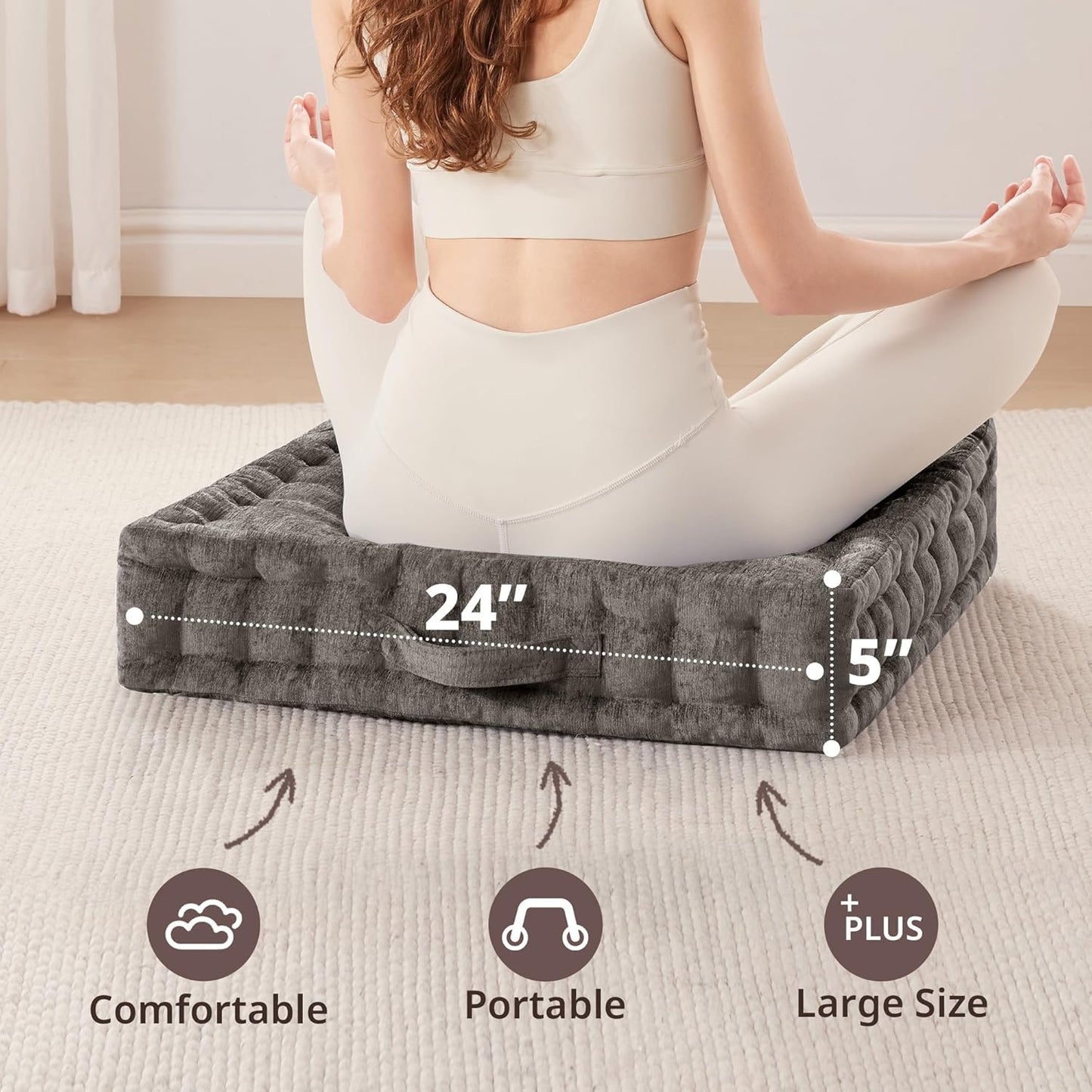 Intelligent Design Azza Floor Pillow, Large Cushions Sitting for Adults, Floor Pillow for Meditation or Yoga, Lustrous Chenille Tufted with Scalloped Edges for Bench/Chair Cushion, 24"x24"x5" Aqua