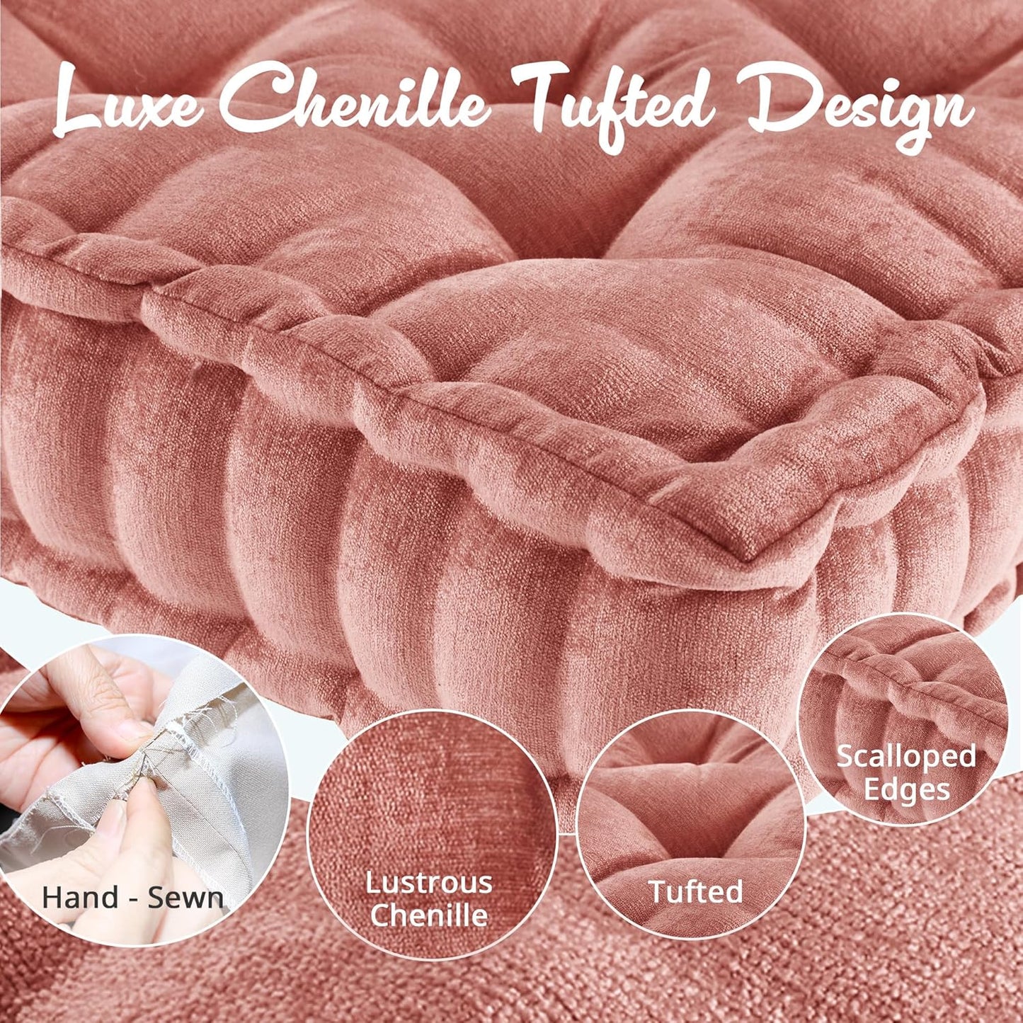 Intelligent Design Azza Floor Pillow, Large Cushions Sitting for Adults, Floor Pillow for Meditation or Yoga, Lustrous Chenille Tufted with Scalloped Edges for Bench/Chair Cushion, 24"x24"x5" Aqua
