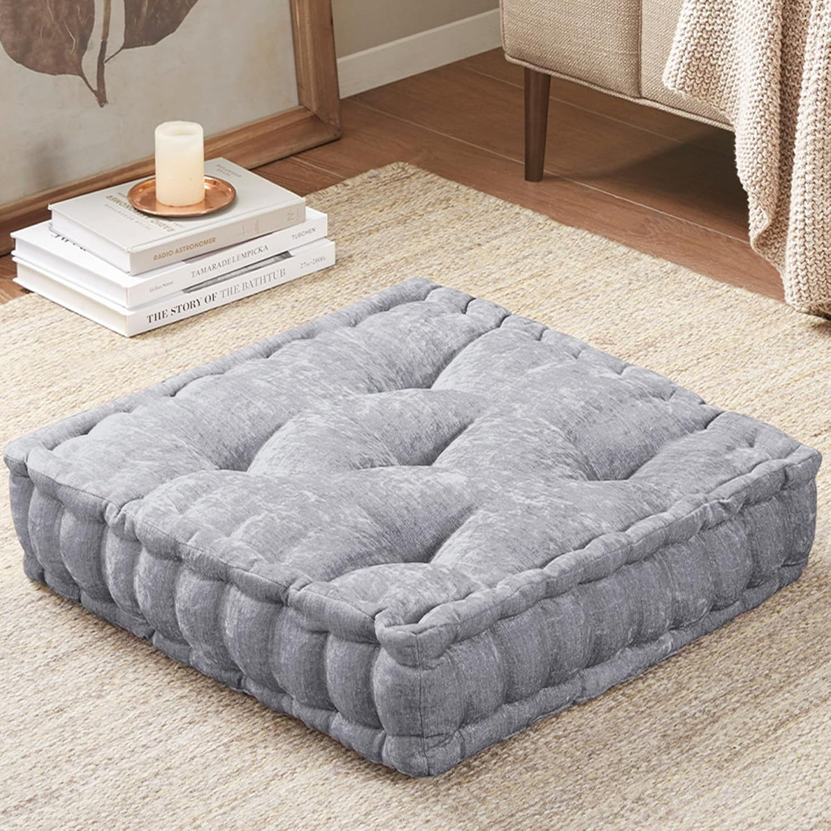 Intelligent Design Azza Floor Pillow, Large Cushions Sitting for Adults, Floor Pillow for Meditation or Yoga, Lustrous Chenille Tufted with Scalloped Edges for Bench/Chair Cushion, 24"x24"x5" Aqua