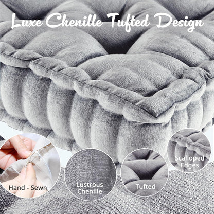 Intelligent Design Azza Floor Pillow, Large Cushions Sitting for Adults, Floor Pillow for Meditation or Yoga, Lustrous Chenille Tufted with Scalloped Edges for Bench/Chair Cushion, 24"x24"x5" Aqua