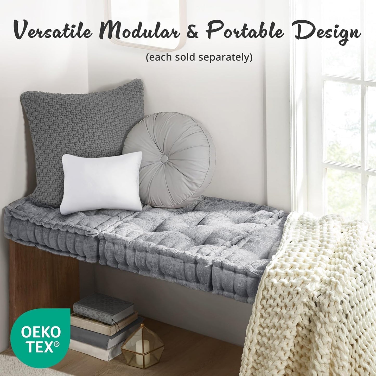 Intelligent Design Azza Floor Pillow, Large Cushions Sitting for Adults, Floor Pillow for Meditation or Yoga, Lustrous Chenille Tufted with Scalloped Edges for Bench/Chair Cushion, 24"x24"x5" Aqua