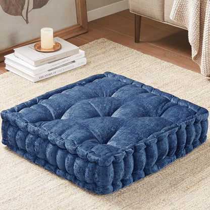 Intelligent Design Azza Floor Pillow, Large Cushions Sitting for Adults, Floor Pillow for Meditation or Yoga, Lustrous Chenille Tufted with Scalloped Edges for Bench/Chair Cushion, 24"x24"x5" Aqua