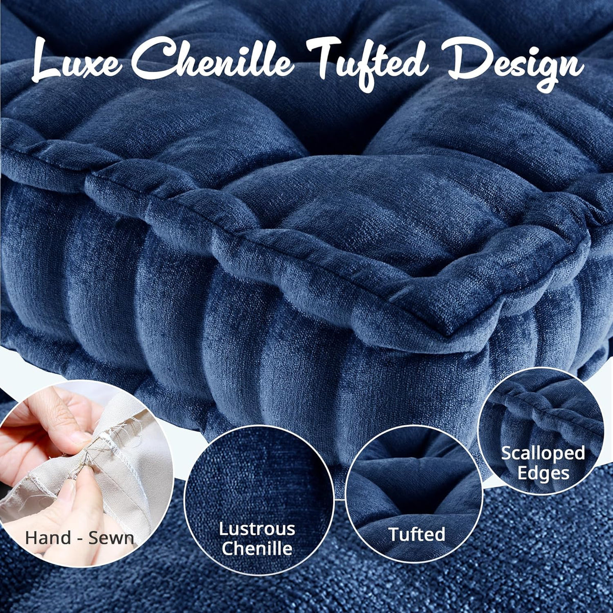Intelligent Design Azza Floor Pillow, Large Cushions Sitting for Adults, Floor Pillow for Meditation or Yoga, Lustrous Chenille Tufted with Scalloped Edges for Bench/Chair Cushion, 24"x24"x5" Aqua
