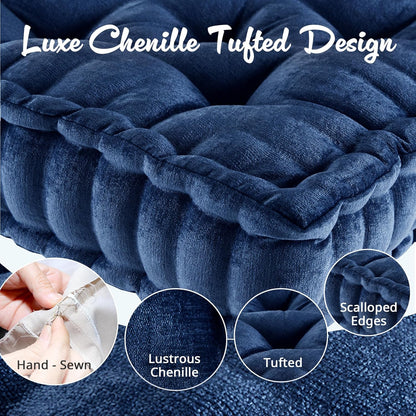 Intelligent Design Azza Floor Pillow, Large Cushions Sitting for Adults, Floor Pillow for Meditation or Yoga, Lustrous Chenille Tufted with Scalloped Edges for Bench/Chair Cushion, 24"x24"x5" Aqua