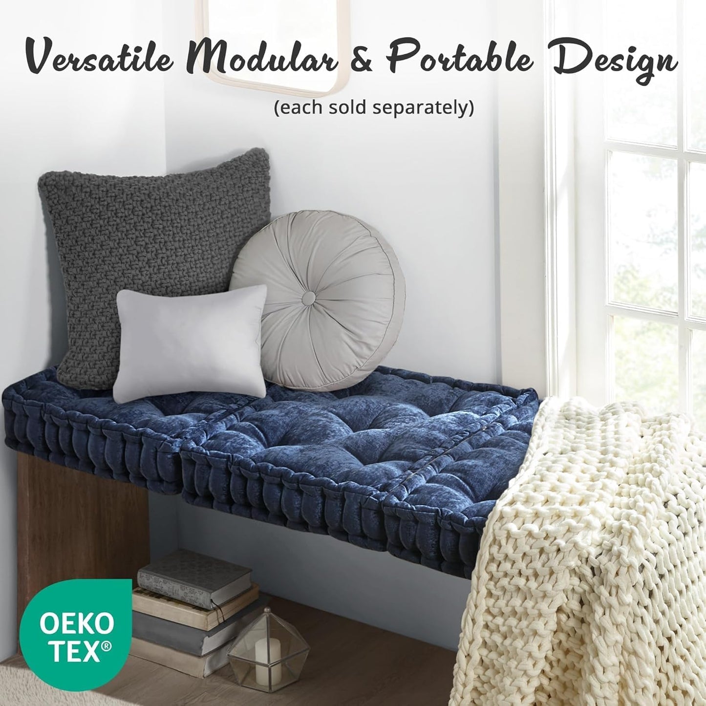 Intelligent Design Azza Floor Pillow, Large Cushions Sitting for Adults, Floor Pillow for Meditation or Yoga, Lustrous Chenille Tufted with Scalloped Edges for Bench/Chair Cushion, 24"x24"x5" Aqua