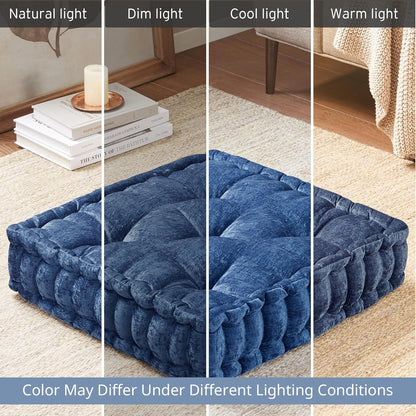 Intelligent Design Azza Floor Pillow, Large Cushions Sitting for Adults, Floor Pillow for Meditation or Yoga, Lustrous Chenille Tufted with Scalloped Edges for Bench/Chair Cushion, 24"x24"x5" Aqua