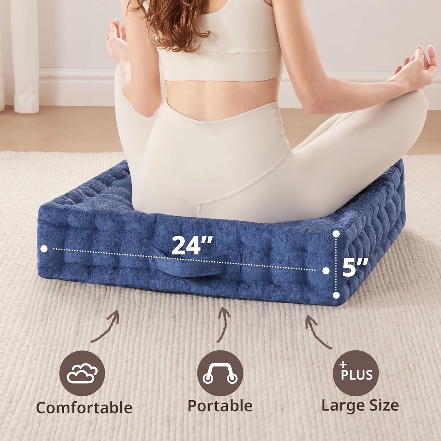Intelligent Design Azza Floor Pillow, Large Cushions Sitting for Adults, Floor Pillow for Meditation or Yoga, Lustrous Chenille Tufted with Scalloped Edges for Bench/Chair Cushion, 24"x24"x5" Aqua