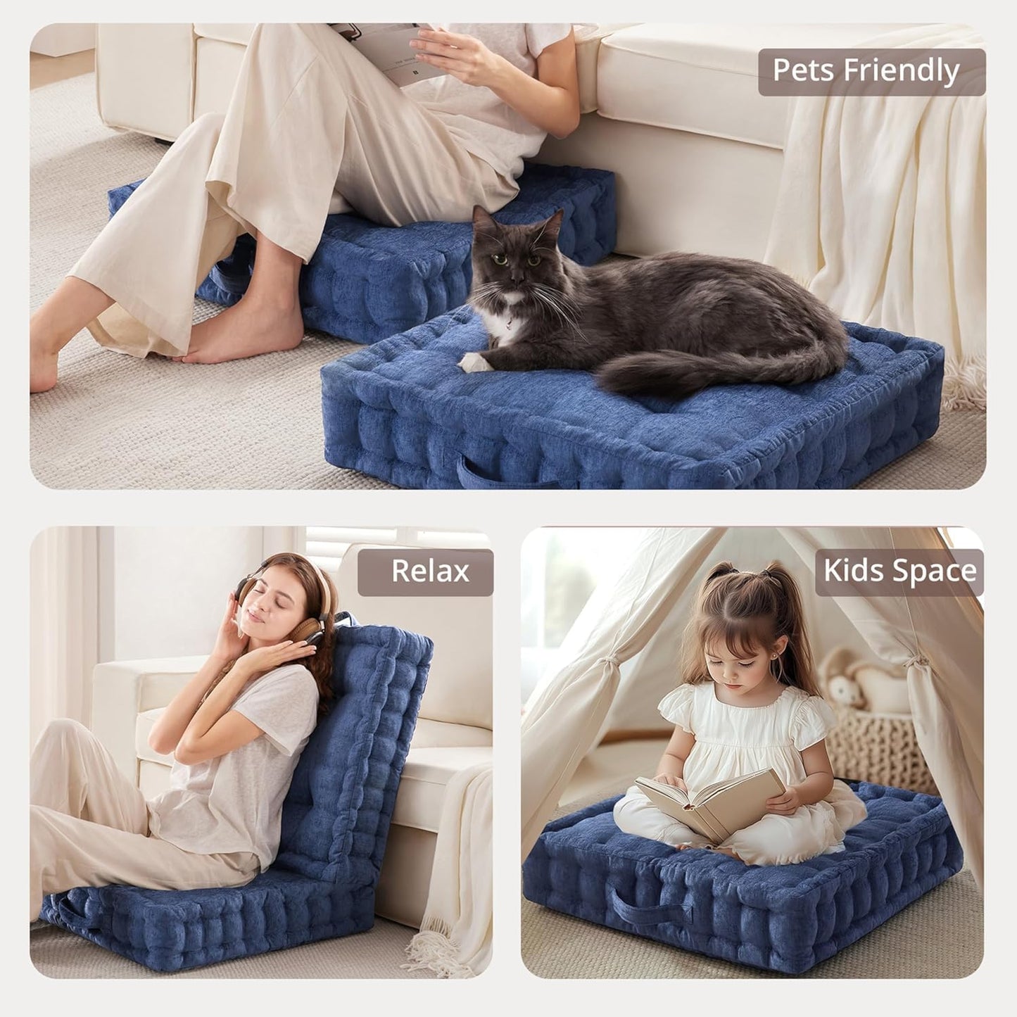 Intelligent Design Azza Floor Pillow, Large Cushions Sitting for Adults, Floor Pillow for Meditation or Yoga, Lustrous Chenille Tufted with Scalloped Edges for Bench/Chair Cushion, 24"x24"x5" Aqua