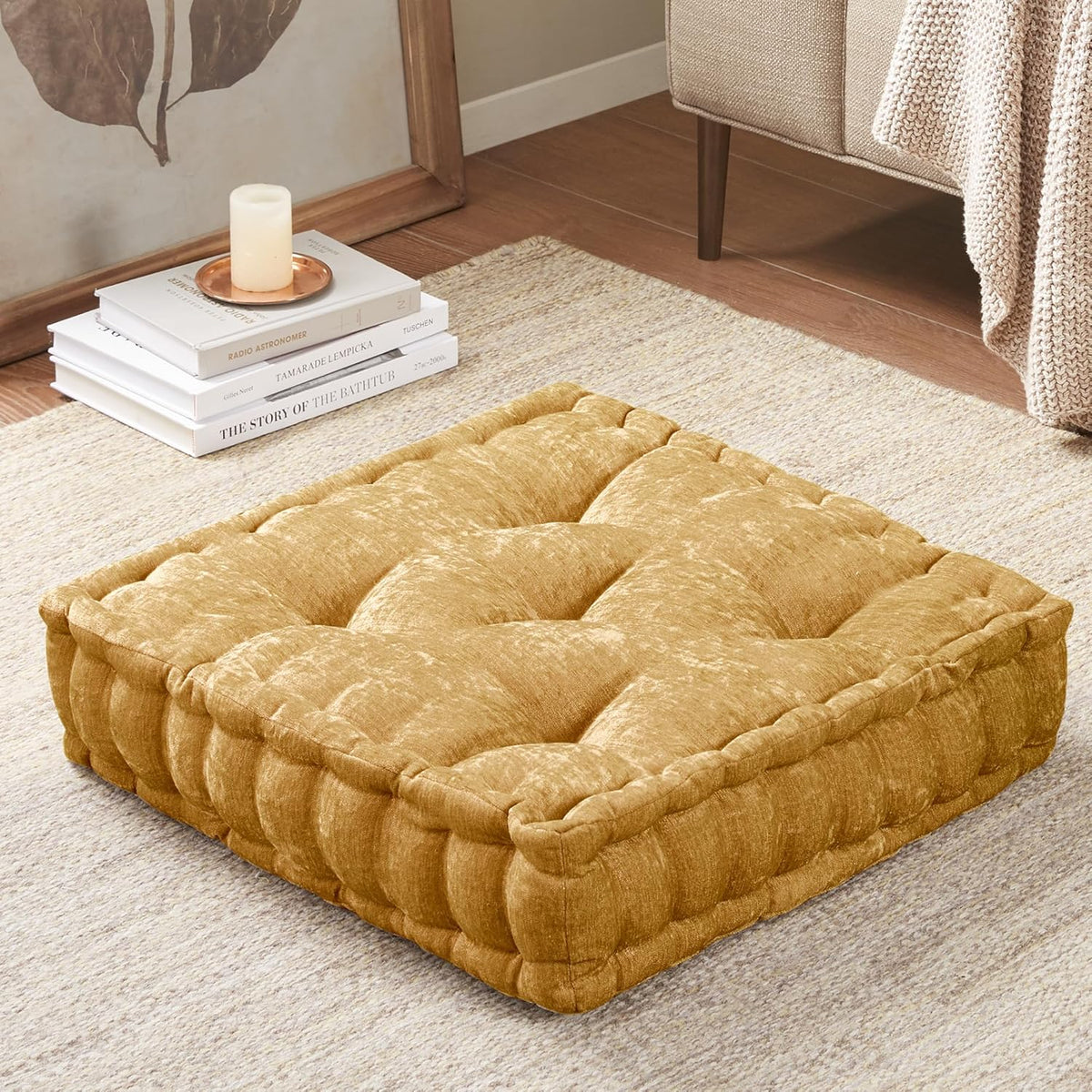 Intelligent Design Azza Floor Pillow, Large Cushions Sitting for Adults, Floor Pillow for Meditation or Yoga, Lustrous Chenille Tufted with Scalloped Edges for Bench/Chair Cushion, 24"x24"x5" Aqua