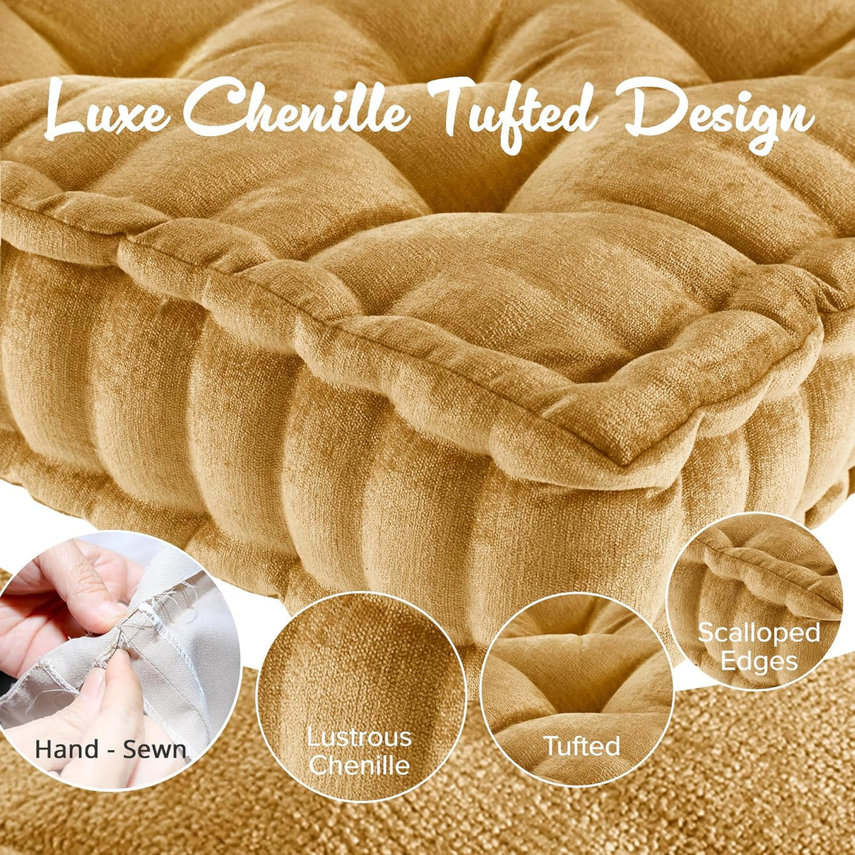 Intelligent Design Azza Floor Pillow, Large Cushions Sitting for Adults, Floor Pillow for Meditation or Yoga, Lustrous Chenille Tufted with Scalloped Edges for Bench/Chair Cushion, 24"x24"x5" Aqua
