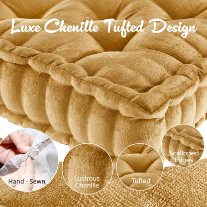 Intelligent Design Azza Floor Pillow, Large Cushions Sitting for Adults, Floor Pillow for Meditation or Yoga, Lustrous Chenille Tufted with Scalloped Edges for Bench/Chair Cushion, 24"x24"x5" Aqua