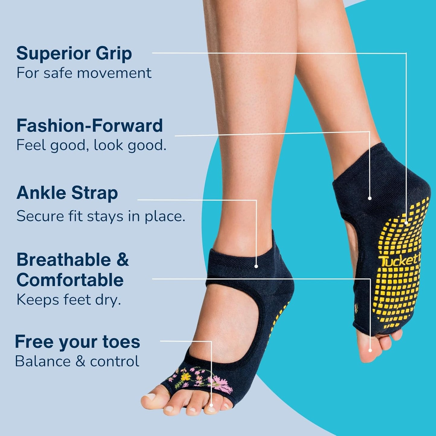Allegro Toeless Pilates Socks with Grips for Women, Non-Slip Open-Toe Grip Socks for Yoga, 2 Pack