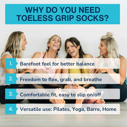 Allegro Toeless Pilates Socks with Grips for Women, Non-Slip Open-Toe Grip Socks for Yoga, 2 Pack