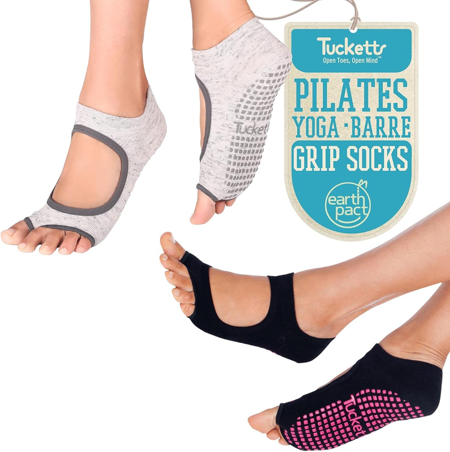 Allegro Toeless Pilates Socks with Grips for Women, Non-Slip Open-Toe Grip Socks for Yoga, 2 Pack