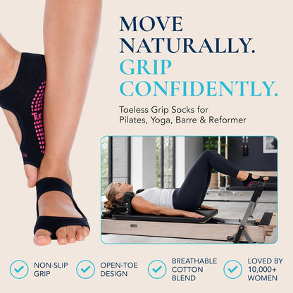 Allegro Toeless Pilates Socks with Grips for Women, Non-Slip Open-Toe Grip Socks for Yoga, 2 Pack
