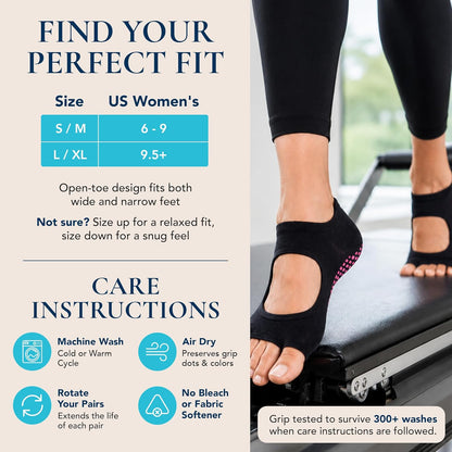Allegro Toeless Pilates Socks with Grips for Women, Non-Slip Open-Toe Grip Socks for Yoga, 2 Pack