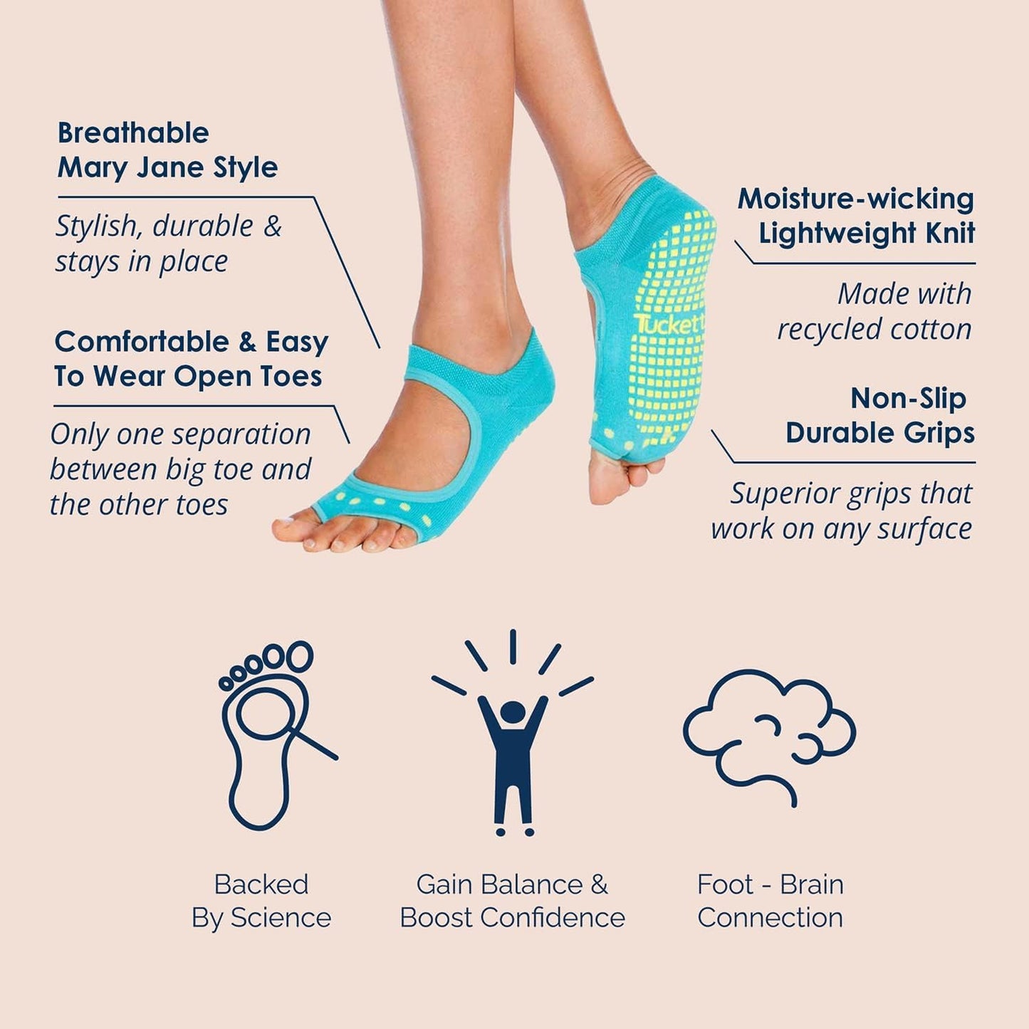 Allegro Toeless Pilates Socks with Grips for Women, Non-Slip Open-Toe Grip Socks for Yoga, 2 Pack