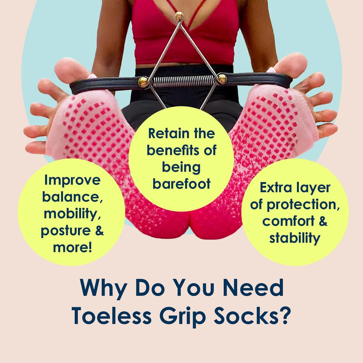 Allegro Toeless Pilates Socks with Grips for Women, Non-Slip Open-Toe Grip Socks for Yoga, 2 Pack