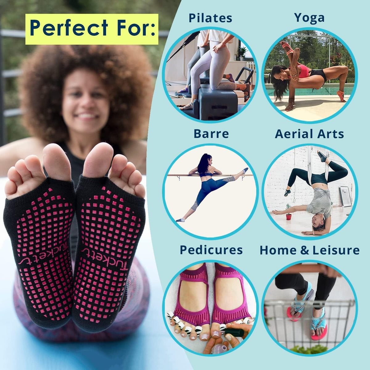 Allegro Toeless Pilates Socks with Grips for Women, Non-Slip Open-Toe Grip Socks for Yoga, 2 Pack