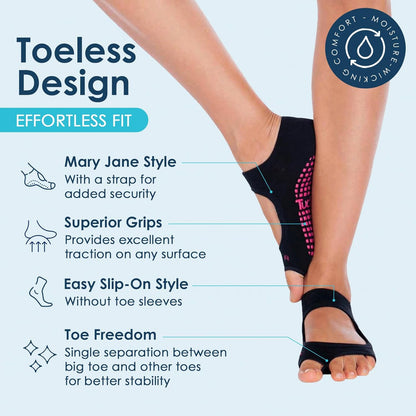 Allegro Toeless Pilates Socks with Grips for Women, Non-Slip Open-Toe Grip Socks for Yoga, 2 Pack