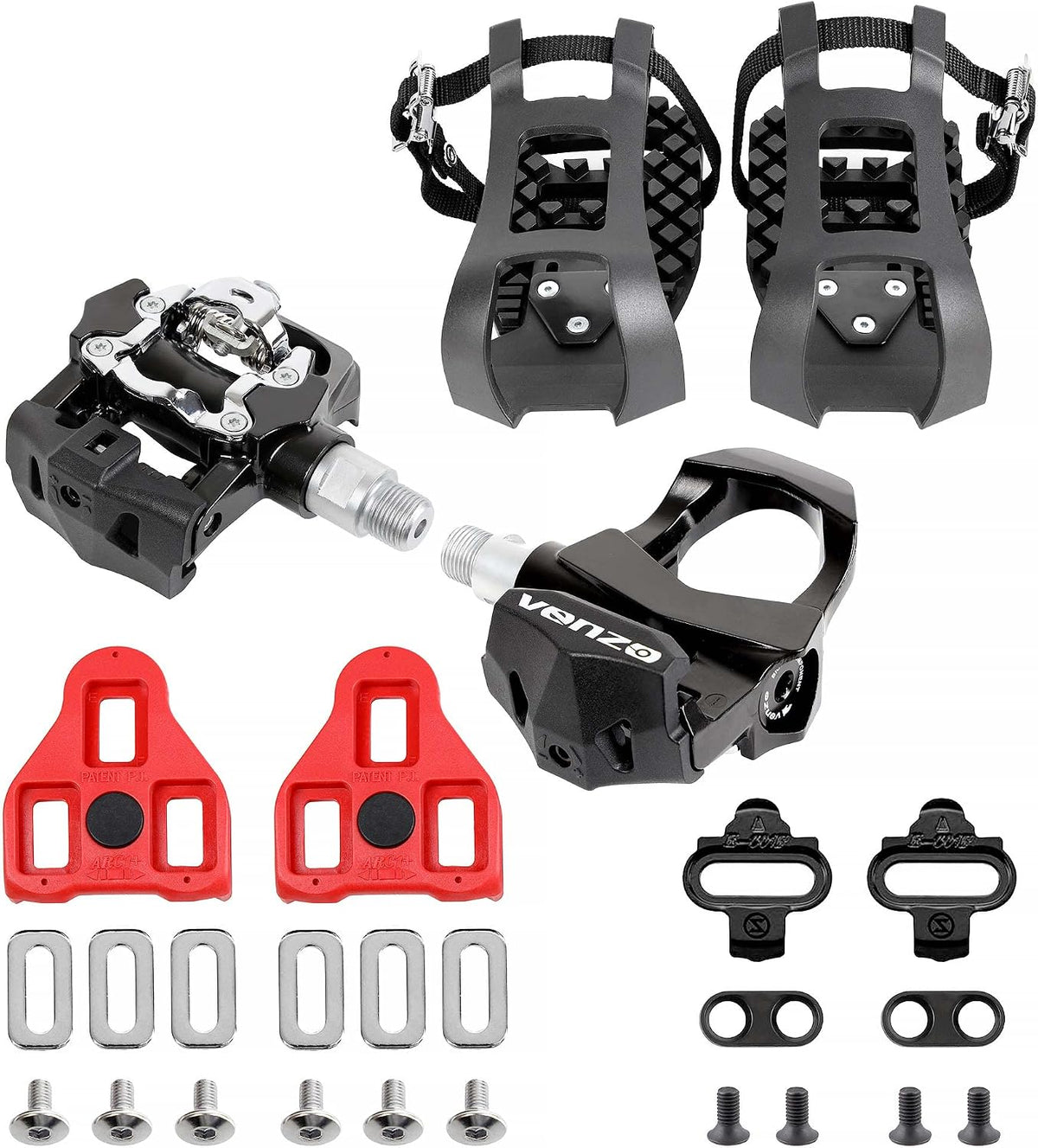 Sealed Fitness Exercise Indoor Bike Bicycle Pedals & Cleats - Compatible with Peloton, Look Delta & Shimano SPD - with Toe Cages Pedals Set or Cage Removal Tool for Indoor Fitness Exercise
