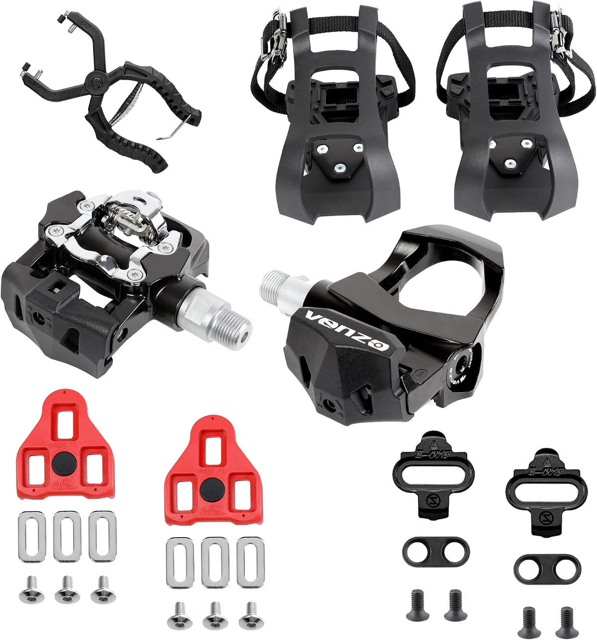 Sealed Fitness Exercise Indoor Bike Bicycle Pedals & Cleats - Compatible with Peloton, Look Delta & Shimano SPD - with Toe Cages Pedals Set or Cage Removal Tool for Indoor Fitness Exercise