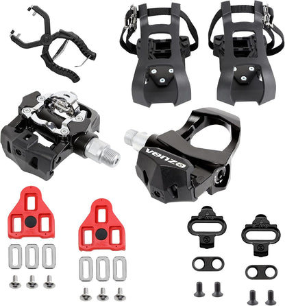 Sealed Fitness Exercise Indoor Bike Bicycle Pedals & Cleats - Compatible with Peloton, Look Delta & Shimano SPD - with Toe Cages Pedals Set or Cage Removal Tool for Indoor Fitness Exercise