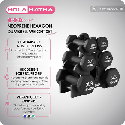 1, 2 and 3 lb Neoprene Dumbbell Strength Training Weight Set with Rack
