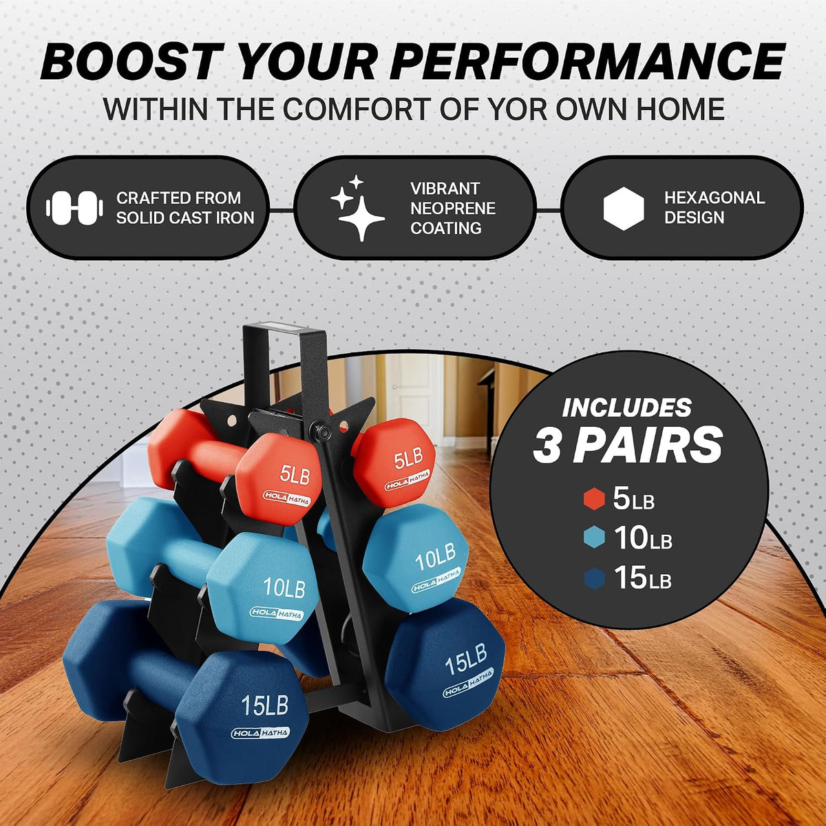 1, 2 and 3 lb Neoprene Dumbbell Strength Training Weight Set with Rack