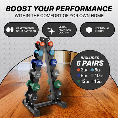 1, 2 and 3 lb Neoprene Dumbbell Strength Training Weight Set with Rack