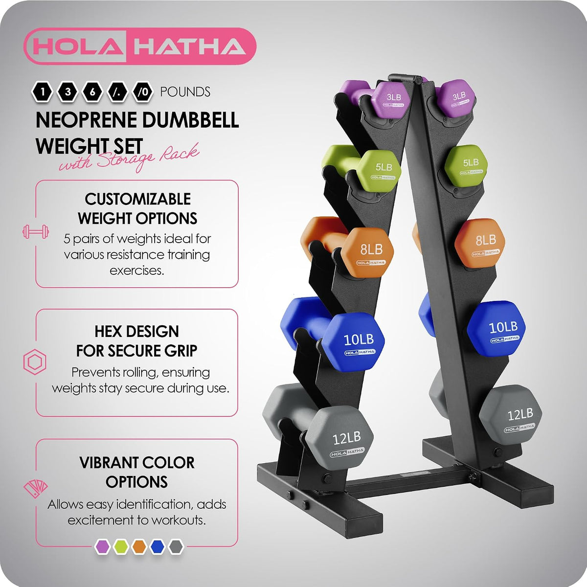 1, 2 and 3 lb Neoprene Dumbbell Strength Training Weight Set with Rack