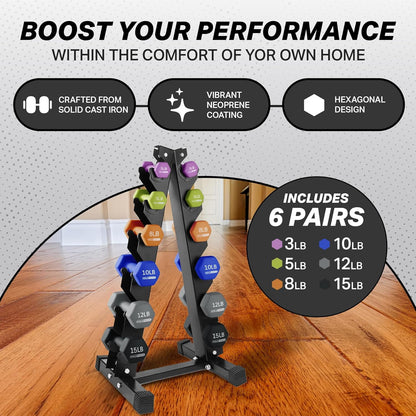 1, 2 and 3 lb Neoprene Dumbbell Strength Training Weight Set with Rack