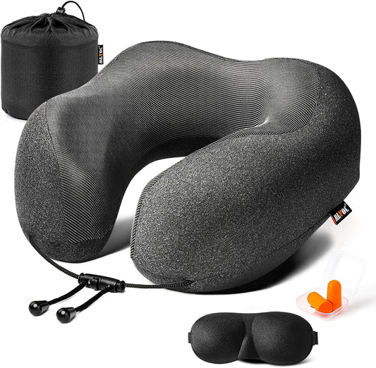 MLVOC Airplane Travel Neck Pillow for Sleeping, 3D-Eye Mask & Earplugs Kit