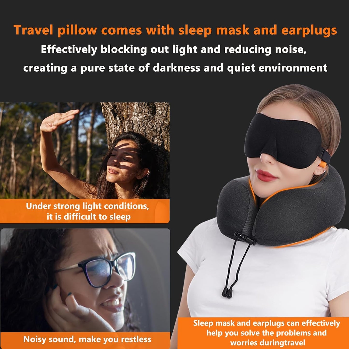 MLVOC Airplane Travel Neck Pillow for Sleeping, 3D-Eye Mask & Earplugs Kit