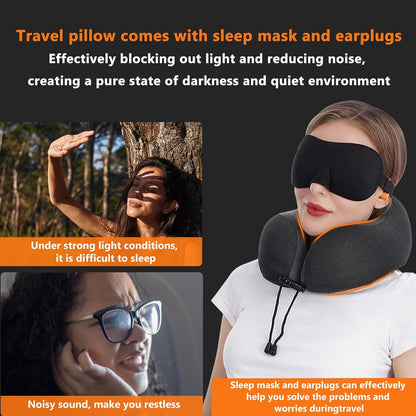 MLVOC Airplane Travel Neck Pillow for Sleeping, 3D-Eye Mask & Earplugs Kit