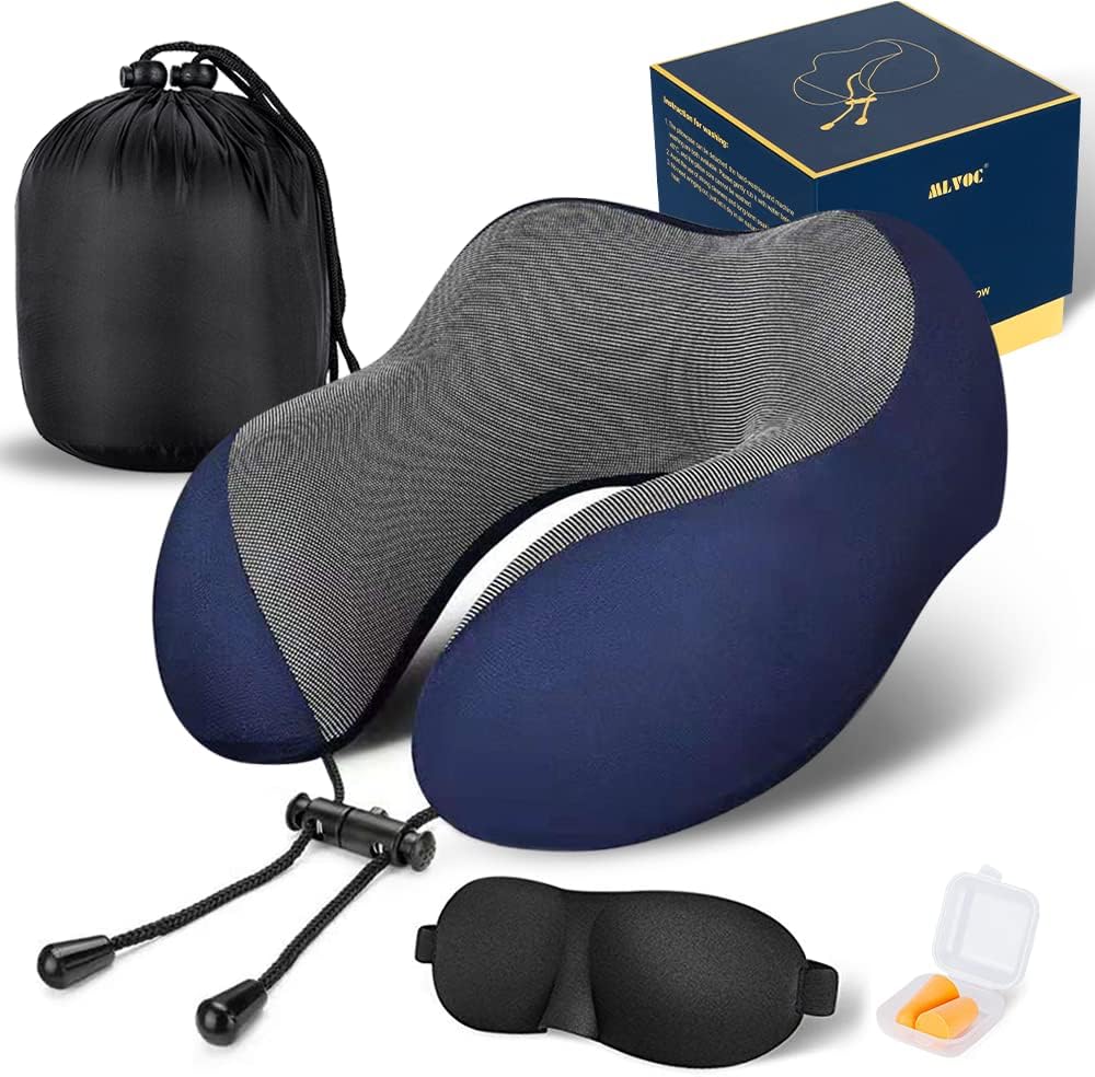 MLVOC Airplane Travel Neck Pillow for Sleeping, 3D-Eye Mask & Earplugs Kit