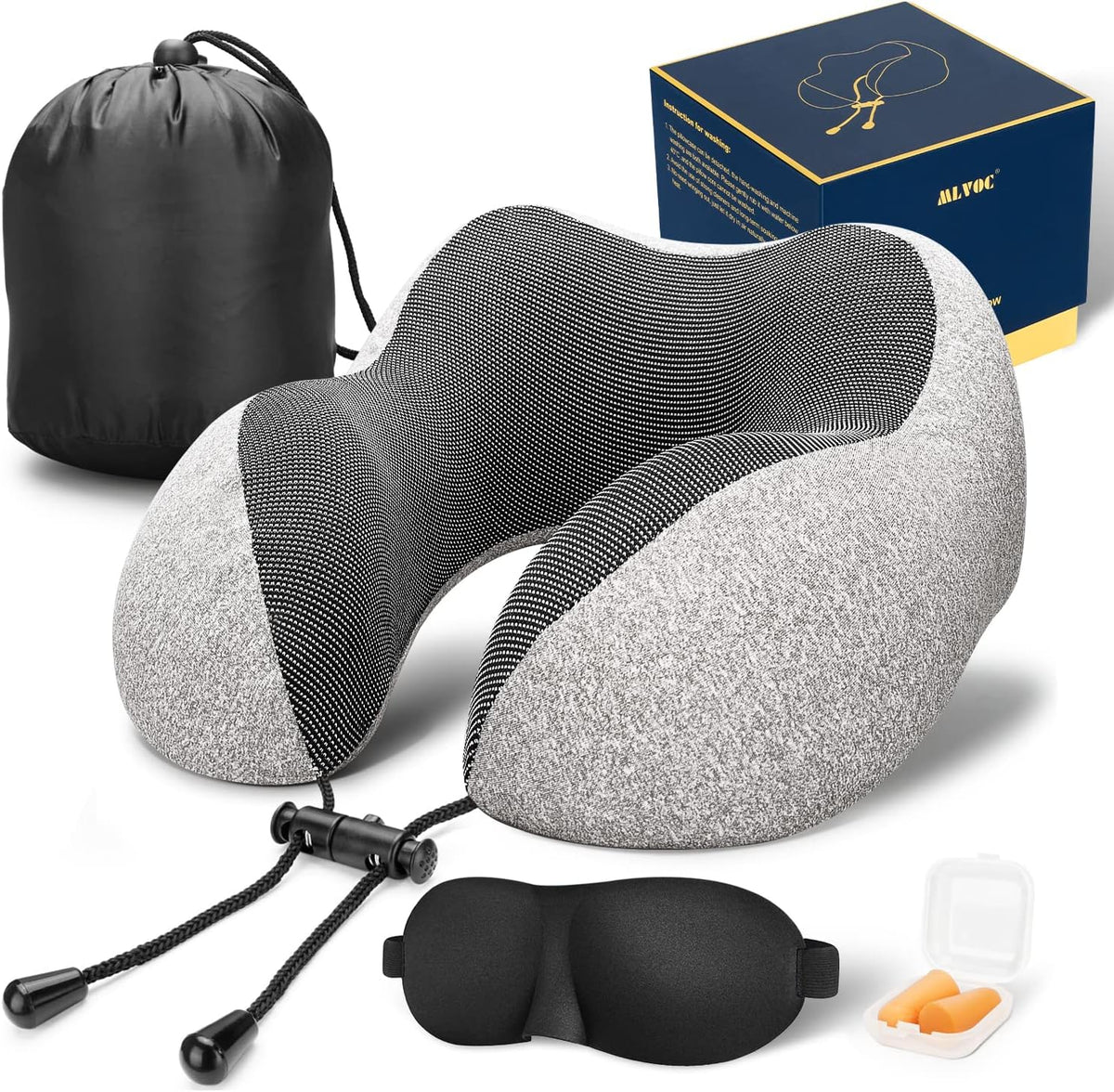 MLVOC Airplane Travel Neck Pillow for Sleeping, 3D-Eye Mask & Earplugs Kit