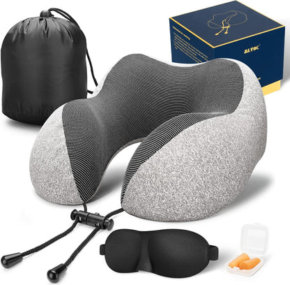MLVOC Airplane Travel Neck Pillow for Sleeping, 3D-Eye Mask & Earplugs Kit