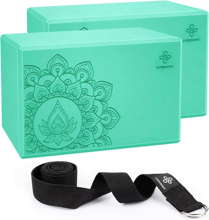 Yoga Block 2 Pack Supportive Latex-Free EVA Foam Soft Non-Slip Surface for General Fitness Pilates Stretching and Meditation 9"x6"x3" Yoga Strap Included