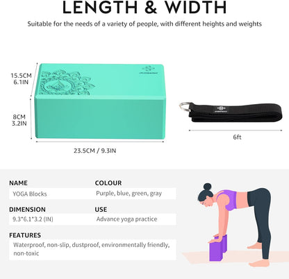 Yoga Block 2 Pack Supportive Latex-Free EVA Foam Soft Non-Slip Surface for General Fitness Pilates Stretching and Meditation 9"x6"x3" Yoga Strap Included