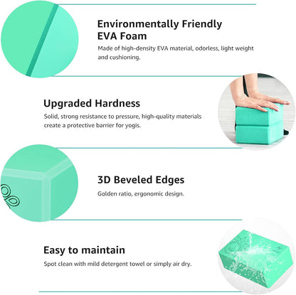 Yoga Block 2 Pack Supportive Latex-Free EVA Foam Soft Non-Slip Surface for General Fitness Pilates Stretching and Meditation 9"x6"x3" Yoga Strap Included